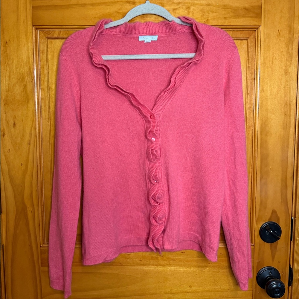 Garnet Hill Pink Ruffle-Trim Cashmere Blend Cardigan